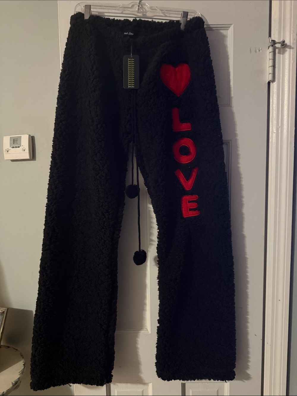 Black Sherpa Lounge Pants with Red LOVE Applique